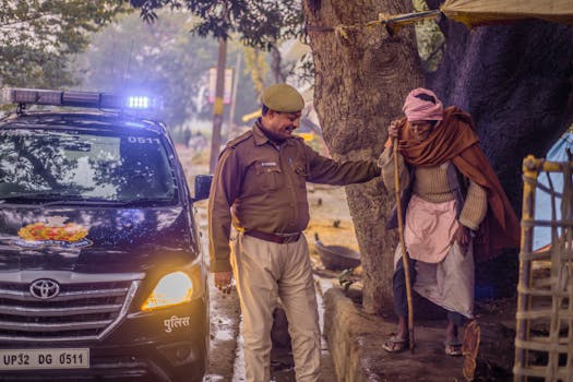 A caring police officer helps an elderly man near a police car on a street in India, demonstrating kindness.