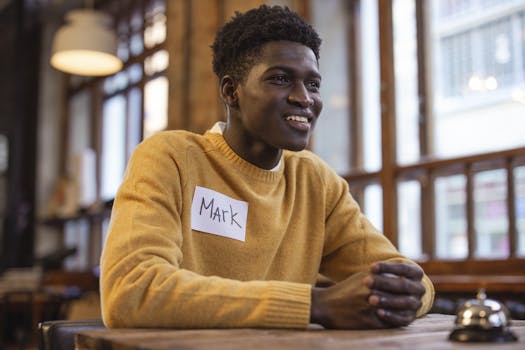 A smiling man with a name tag sits at a table during a speed dating event in a cozy cafe.