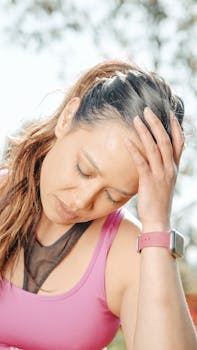 A woman in a pink tank top experiencing a headache while outdoors, holding her head in pain.