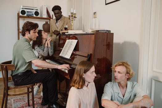 Group of friends enjoying music together around a piano indoors.