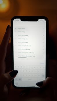 Person browsing online dating options on a smartphone screen at night.